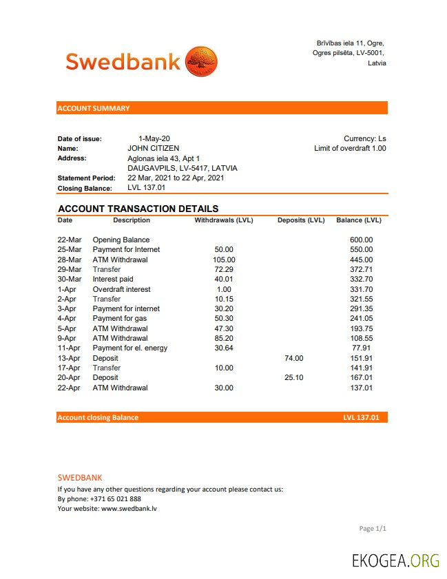 Modèle de relevé bancaire de Lettonie Swedbank facile à remplir au format de fichier .xls et .pdf